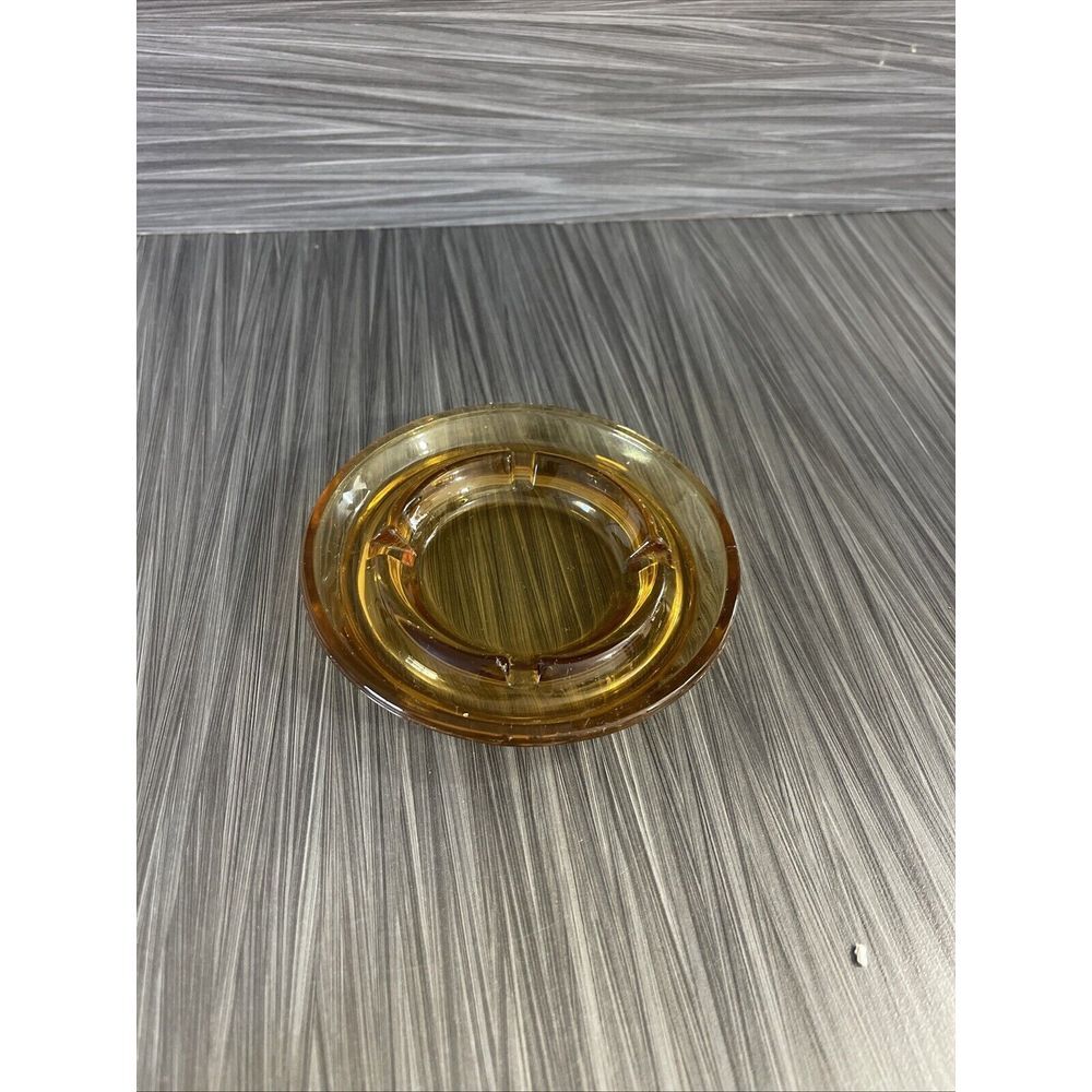 Vintage Round Amber 8" Heavy Thick Glass Ashtray 4 Cigar or Cigarette Slots